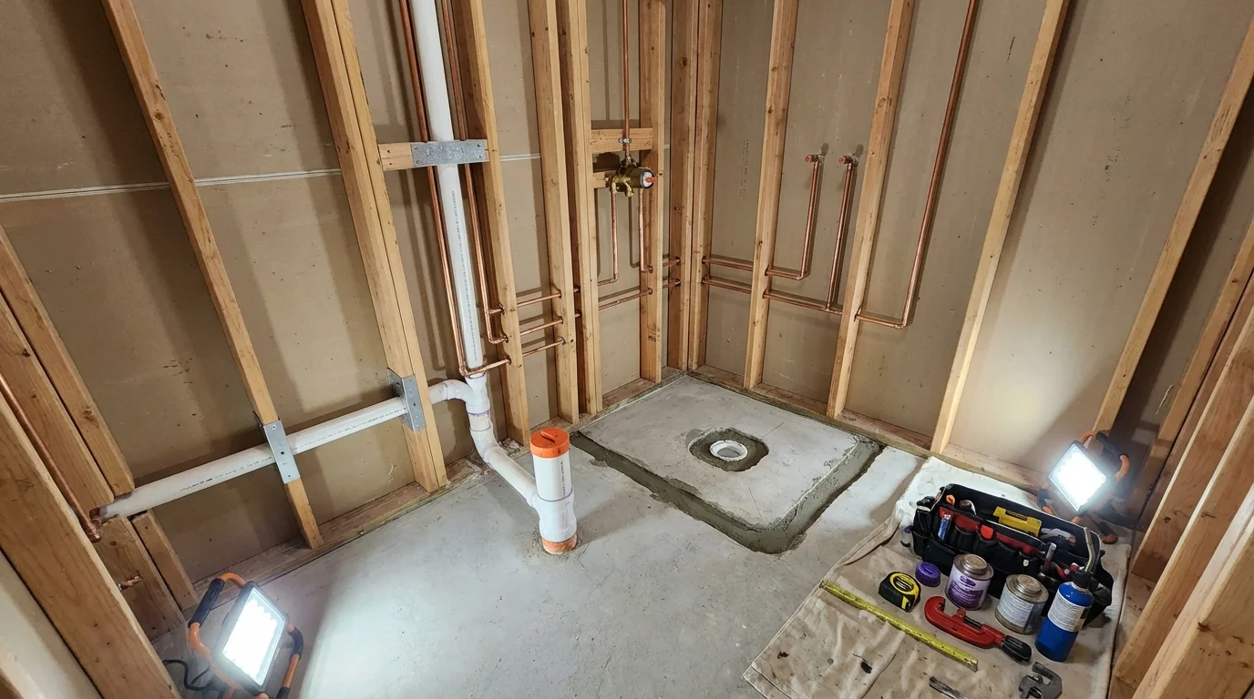 Bathroom rough-in plumbing during remodel by Johns Plumbing LLC in Lake Dallas