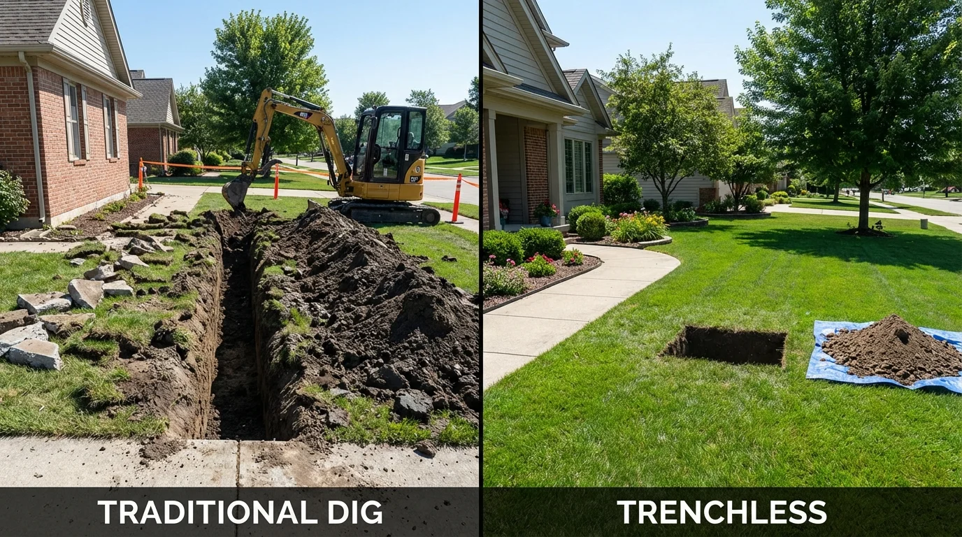 Trenchless sewer repair with minimal yard damage versus traditional excavation in Lake Dallas, TX