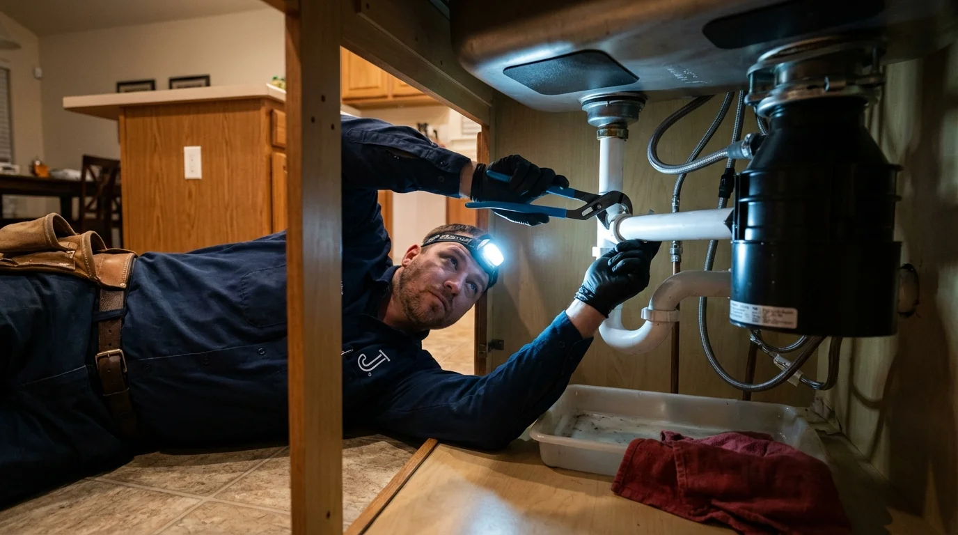 P-trap and supply line connections under a kitchen sink showing a common leak point in Lake Dallas, TX